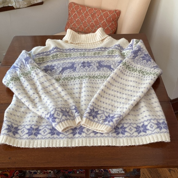 ALPS Nordic Design Cream, Green, & Lavender Wool Reindeer Sweater Womens Large - Picture 7 of 13